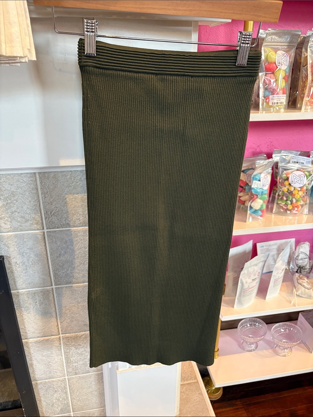 Michael Kors Women's Ribbed Olive Green Midi Skirt
